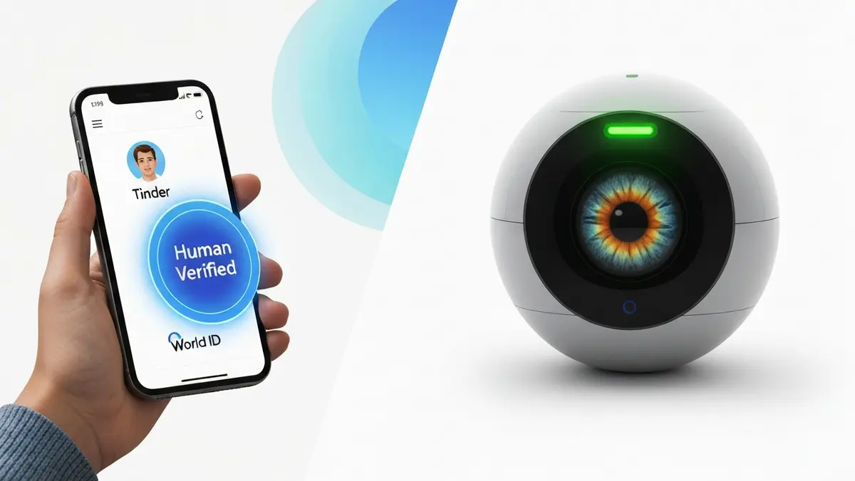 틴더 앱의 World ID 휴먼 배지와 오브(Orb) 홍채 스캔 장치를 보여주는 온라인 데이팅 본인 인증 개념 이미지