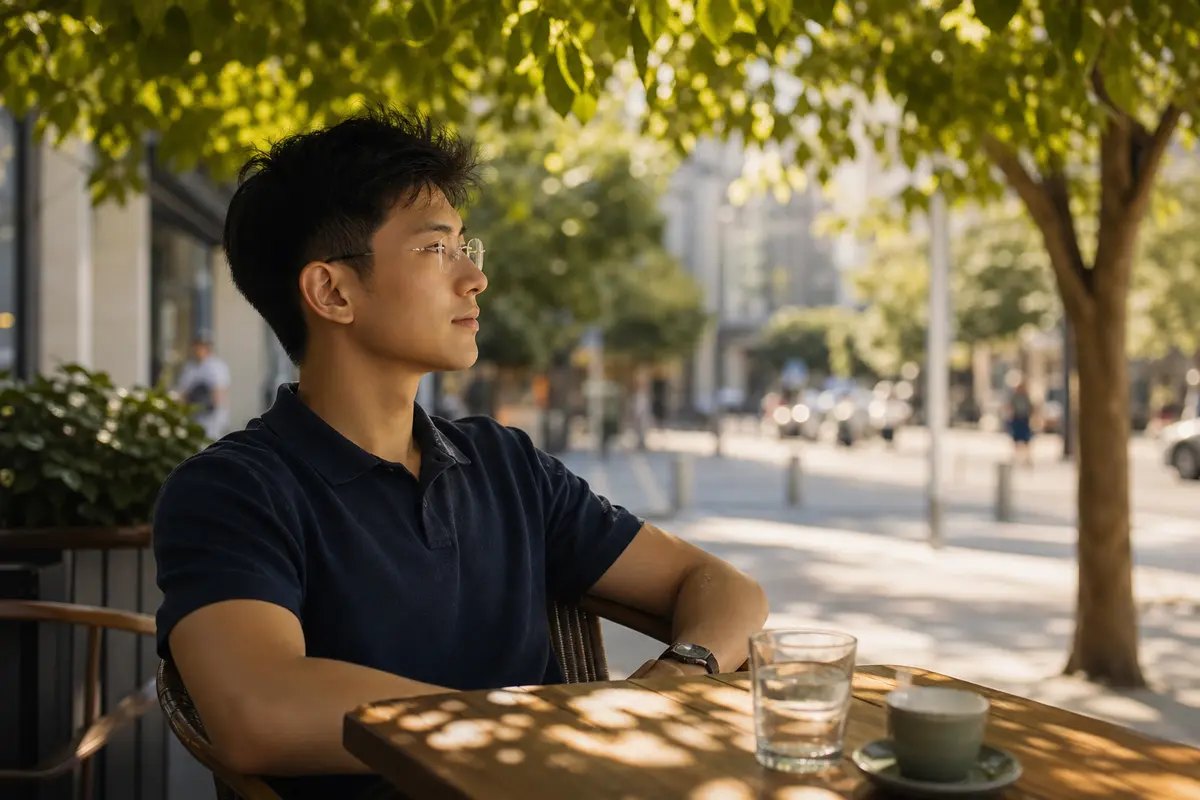 야외 카페 테라스에서 스마트 글래스를 착용하고 먼 곳을 바라보는 사람의 옆모습, 오후 자연광이 비치는 장면