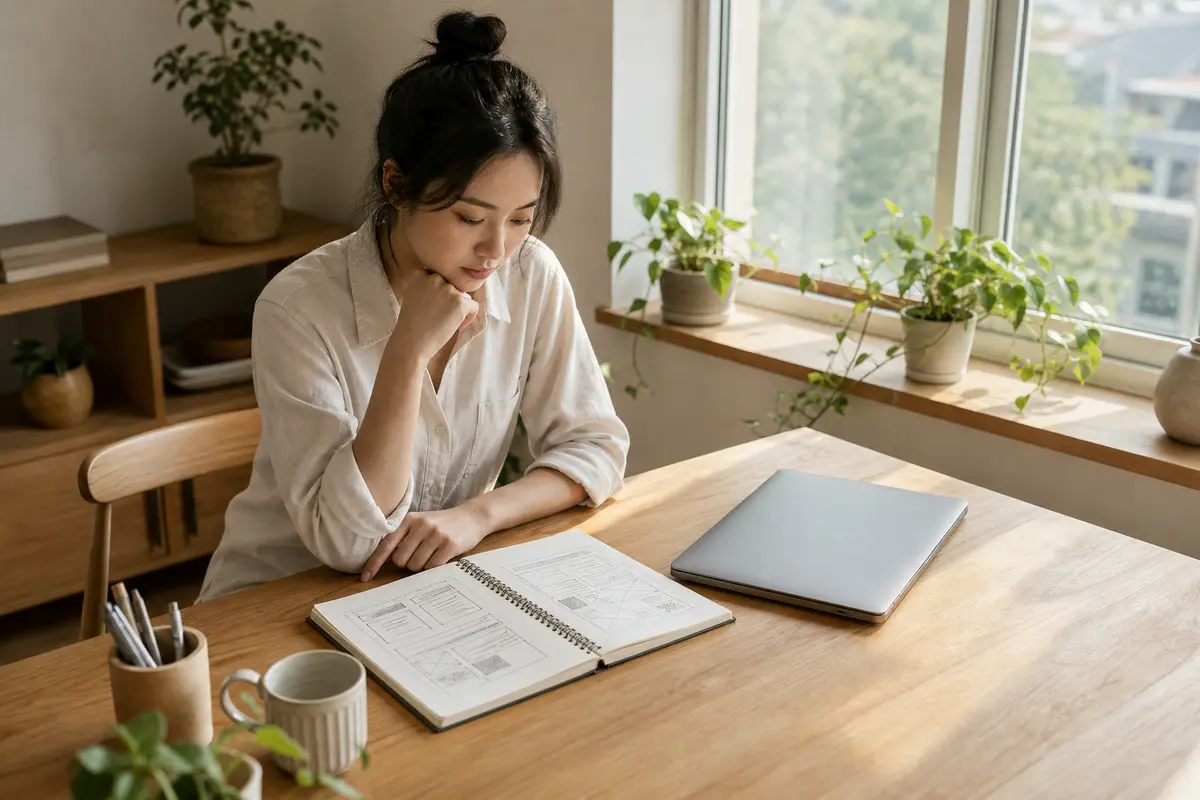 밝은 창가 옆 나무 책상에서 웹페이지 레이아웃 스케치가 담긴 노트를 바라보는 여성의 모습