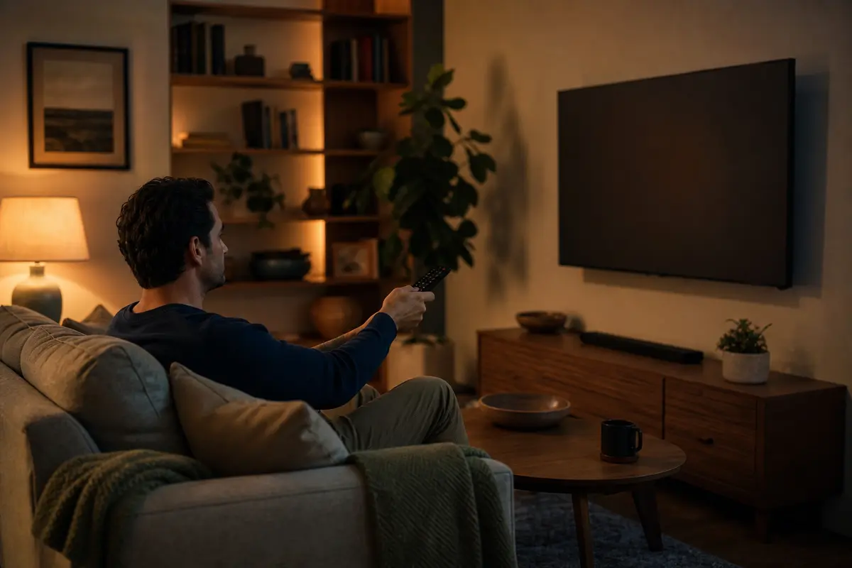 저녁 거실에서 소파에 앉아 리모컨을 들고 TV 앞에 있는 사람, 따뜻한 조명