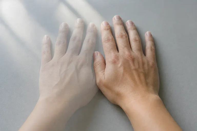 두 손이 나란히 놓여 있고 한 손이 반투명하게 겹쳐진 모습, 미디어 진위 판별의 개념을 표현한 장면